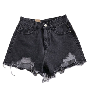 破洞牛仔短裤女猫之旅店夏季美式小性感热裤磨破烂毛边高腰裤百搭