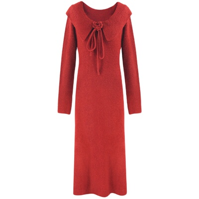 羊毛荷叶边绑带针织连衣裙显瘦裙