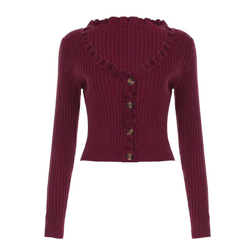 FUNOFF 美式复古荷叶领红色纽扣低胸毛织长袖简约收腰短开衫上衣