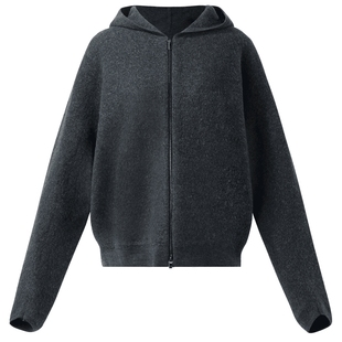 歌莉娅男女同款连帽外套秋冬新款简约休闲缩绒羊毛连帽短开衫