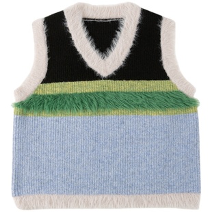 梨小闲女童毛毛马甲春秋新款洋气儿童毛衣中大童撞色针织背心