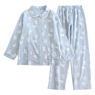 新款2026棉纱睡衣套装女款长袖长裤卡通薄款春夏甜美纯棉家居服