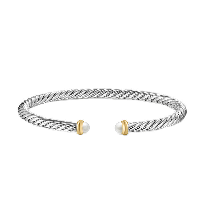 David Yurman大卫雅曼珍珠间金钢丝绳开口手镯DY男女扭线手环4MM