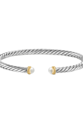 David Yurman大卫雅曼珍珠间金钢丝绳开口手镯DY男女扭线手环4MM