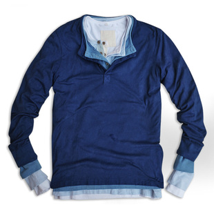 【亨利领长袖】原创设计手工indigo豆制蓝染复古中磅全棉长袖T恤