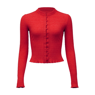 ooh itch痒痒 羊绒感法式V领排扣针织开衫女红色修身显瘦上衣