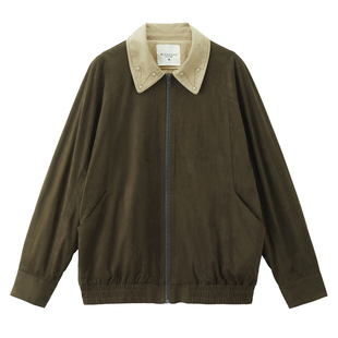 设计师款佐丹奴橄榄色外套女仿麂皮宽松钉珠拼接翻领夹克18375612