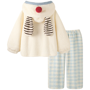 【厚实保暖】睡衣可外穿冬加厚连帽小兔家居服冬季珊瑚绒女款套装