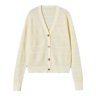 品牌纱线100%棉洛薇雅高级简约V领长袖上衣新款镂空针织开衫