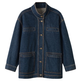 RUISHI芮时 纯棉丹宁小香版型立领中长款盐系复古牛仔外套女秋