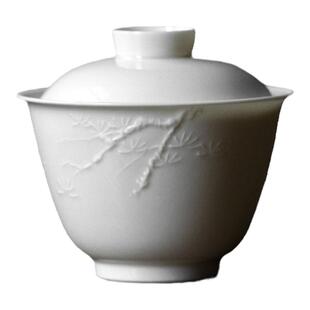 雅韵阁 120ml功夫茶二才盖碗泡茶杯复古白瓷浮雕陶瓷手工高档薄胎