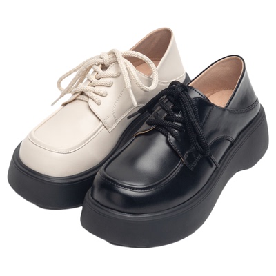 【断码清仓】化雾语女秋冬保暖加绒圆头系带厚底牛皮鞋棉黑白色