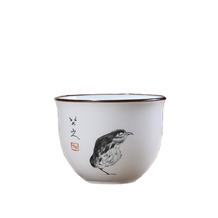 八大山人原创个性景德镇甜白瓷功夫茶具花鸟茶杯手绘品茗杯小茶碗