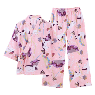 tutuanna秋冬睡衣女 全棉透气磨毛和服家居服套装女
