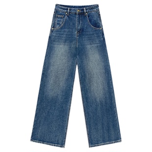 HONORE古月 竖竹节纹理 大口袋环保 复古水洗加绒 宽松直筒牛仔裤