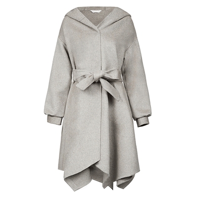 sdeer圣迪奥女装连帽收腰长款泡泡袖毛呢大衣S224Z2511