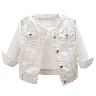 圆领牛仔外套女七分袖白色上衣