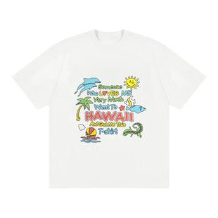 Talktokey(TTO) 夏威夷海 美式重磅 黑白色纯棉宽松短袖T恤男女