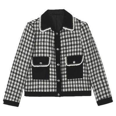 优雅长袖上衣拼色格纹外套