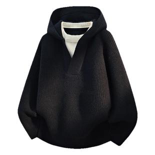 啄木鸟连帽针织衫男黑色假两件毛衣宽松休闲上衣保暖设计感百搭