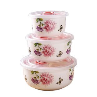 保鲜碗陶瓷带盖泡面碗微波炉专用碗三件套瓷碗家用饭盒套装便当盒