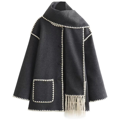 欧美风流苏围巾饰呢子外套