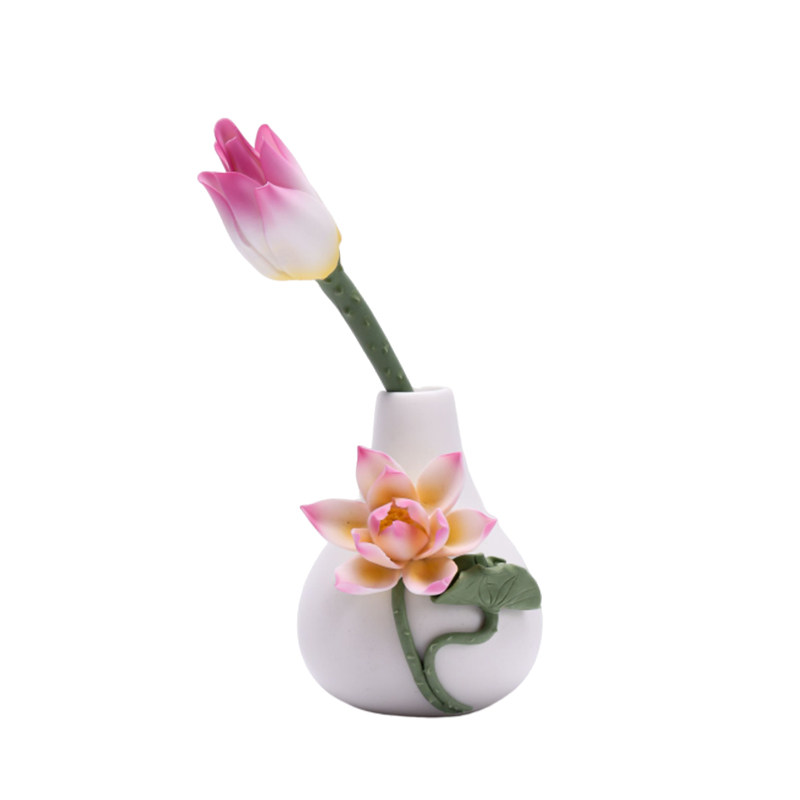 陶瓷手工仿真睡莲花枝佛堂供佛插花荷花瓶家居装饰摆件整套荷叶