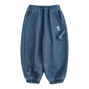 幼悠女童加绒加厚怪兽绣花牛仔裤冬季牛筋收束防风保暖休闲裤子潮