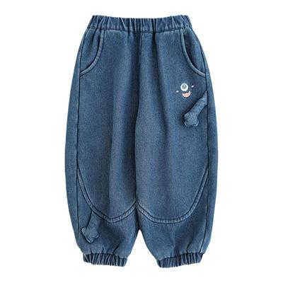 幼悠女童加绒加厚怪兽绣花牛仔裤冬季牛筋收束防风保暖休闲裤子潮