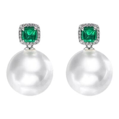 NOVES淡水珍珠耳钉女祖母绿耳饰