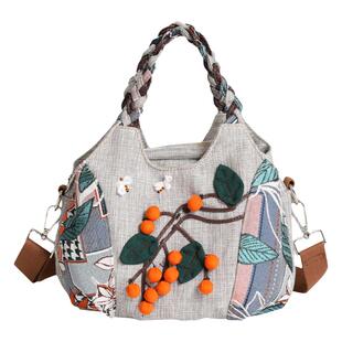 民族风手工编织休闲帆布手提包柿柿如意轻便文艺亚麻大容量斜挎包