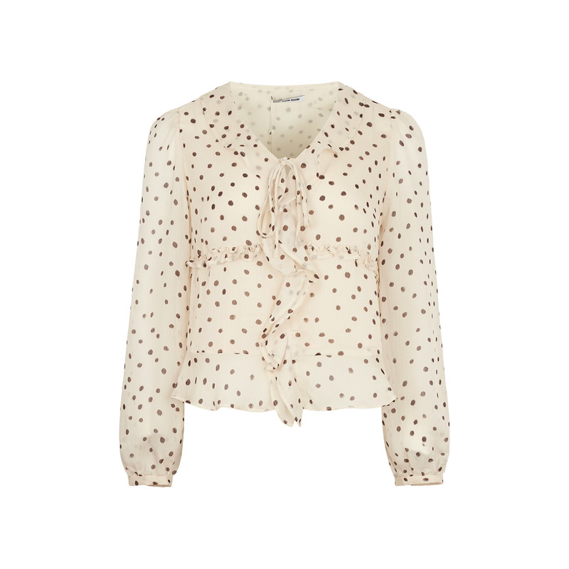 jessyline杰茜莱2026秋新款米色复古V领波点衬衫女显瘦系带雪纺衫