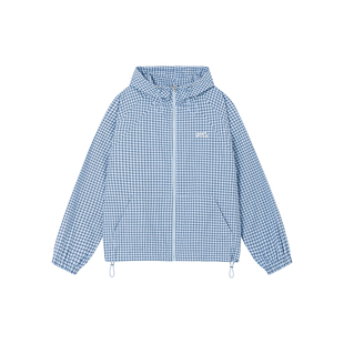 FORNINES蓝色格子夹克男女情侣潮牌春季连帽薄款休闲运动外套