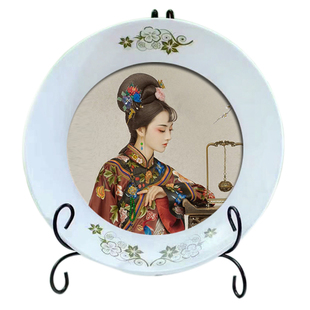 中国风圆形盘子摆台古风女人坊写真相框新中式树脂摆件包洗照片