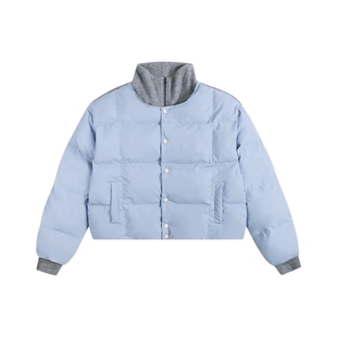 ATRY蓝色棉服外套男冬季国潮牌加厚保暖假两件拼接pu皮短款棉袄女