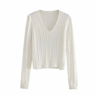 毛衣V领长袖套头修身针织衫上衣藏青色学生休闲针织短毛衣女装