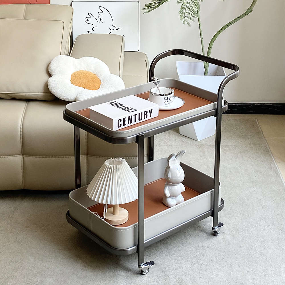 轻奢马鞍皮移动沙发边几小推车茶几客厅家用角几床头柜带轮置物架