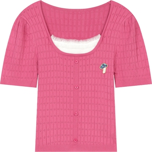 妖精的口袋蕾丝拼接粉色针织衫女2025年春秋新款假两件修身显瘦