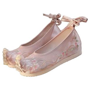 春夏新款汉服鞋子女翘头绣花鞋演出古风刺绣古装弓鞋老北京布鞋女