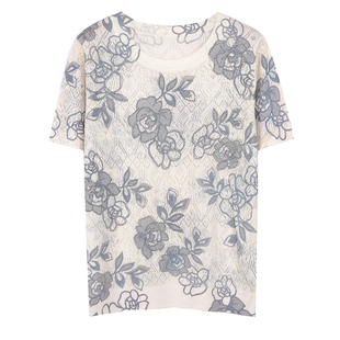 2025夏季女上衣古嘉子短袖天丝亚麻针织衫印花烫钻镂空薄T恤22339