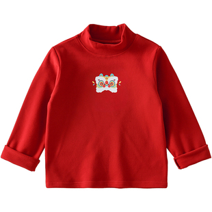 棉花堂女童红色保暖t恤秋冬宝宝儿童喜庆新年服男童半高领打底衫