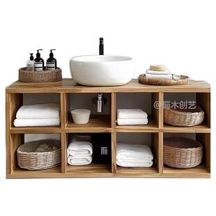 方格原木风浴室柜组合实木落地式洗手台卫生间洗漱台洗脸池卫浴柜