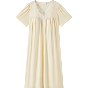 曼妮芬春夏女士性感舒适带胸垫短袖睡裙V领蕾丝法式家居服可外穿