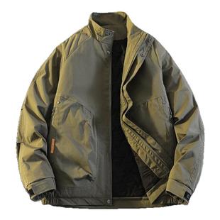 啄木鸟潮流男士2024新款立领保暖纯色潮流宽松休闲工装外套棉衣男