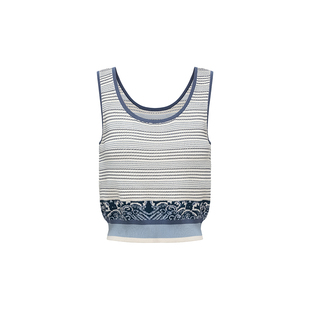 HUI卉浪蕊浮花图拼接海涛蓝色镂空纹理针织宽松大U领背心2026新款