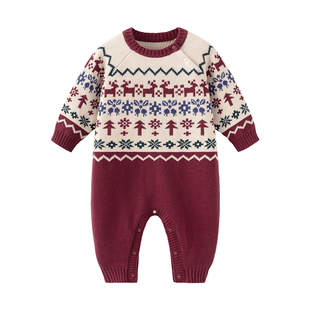 【清仓】babylove宝宝连体衣秋冬红色针织毛衣婴幼儿纯棉哈衣爬服