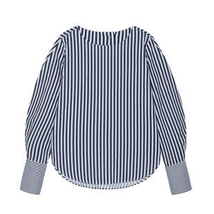 UGIZ春夏季韩版女装圆领竖条纹修身上衣灯笼袖长袖衬衫女UASG991