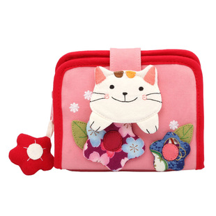 日本插画KINE猫 可爱花朵猫棉布帆布艺女零钱包日本财布短款钱包