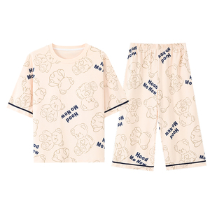 夏季大码女士短袖睡衣套装七分裤自带胸垫一体200斤家居服胖MM