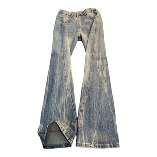 冰蓝色斜切闪电纹牛仔裤男款潮牌水洗cleanfit裤子美式高街微喇裤